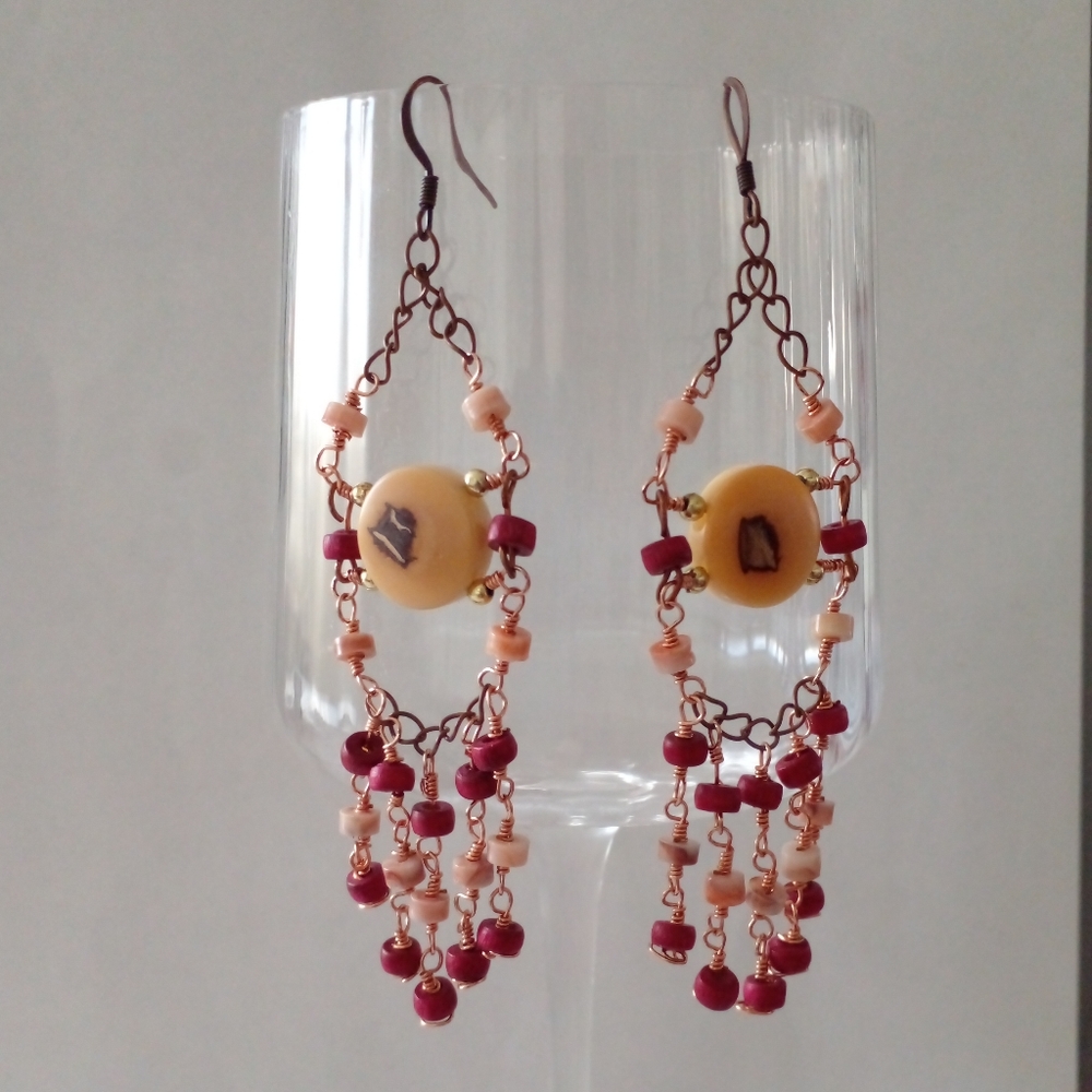 Tagua Nut and Pink Wire Wrapped Wooden Beads Dangle Earrings